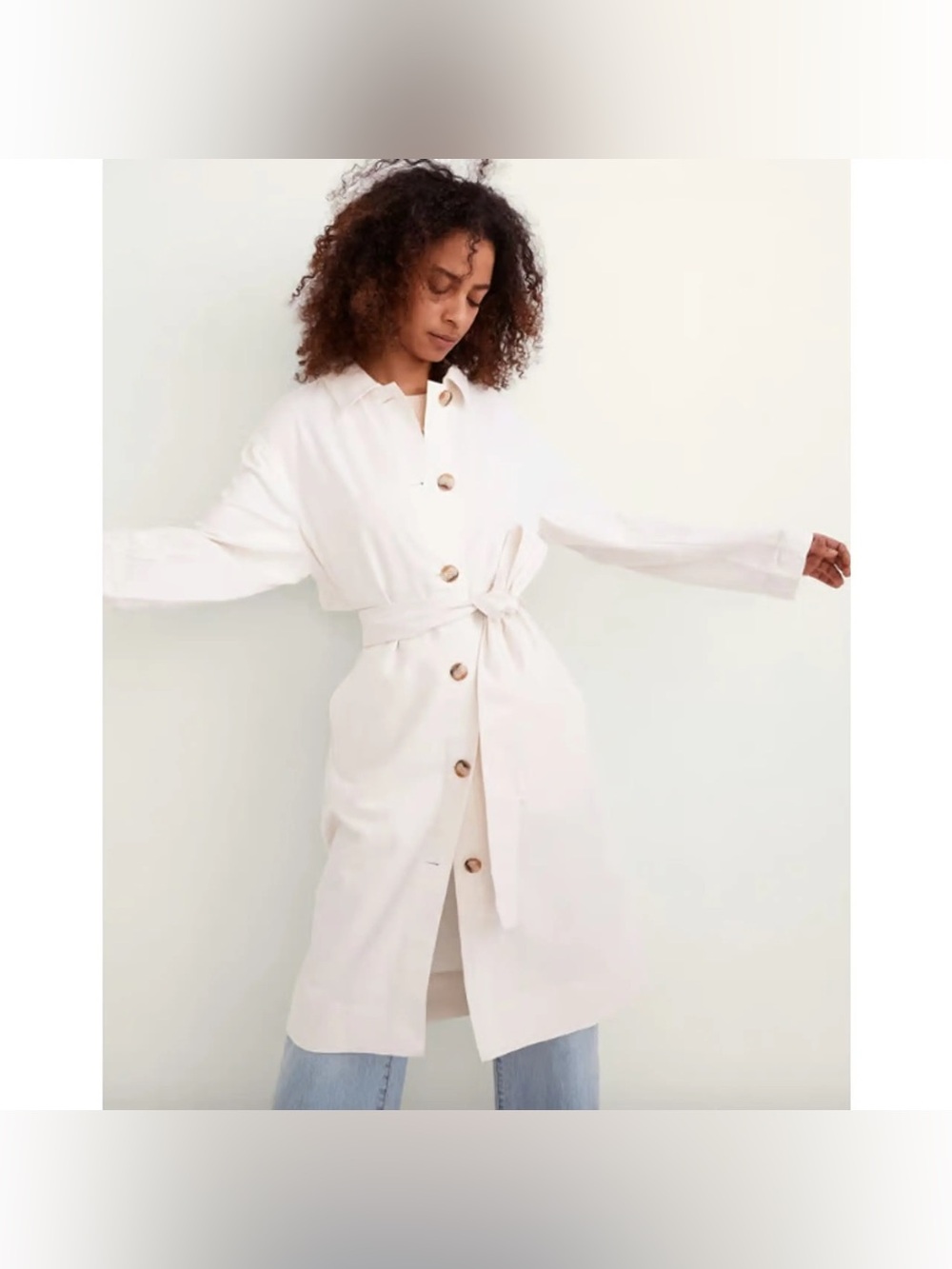 Madewell Cotton Linen Blend Small Light Cream Belted Button Front Trench Coat
